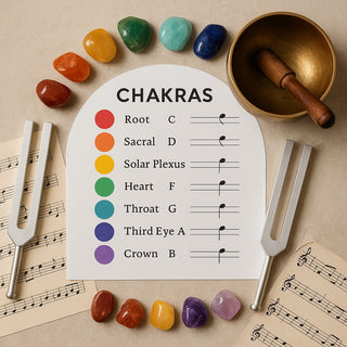 Chakra altar with crystals, tuning forks, and musical notes arranged in a spiral.