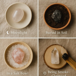 Crystals being energetically reset through moonlight, earth, salt, and smoke rituals