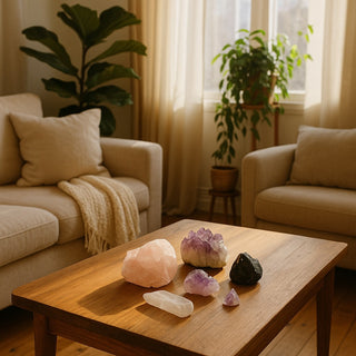 Living room with crystals and soft natural light promoting harmony