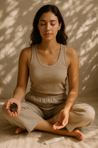 Woman meditating with a grounding crystal in hand on natural linen cushion
