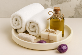 Spa setup with towels, crystals, and candle