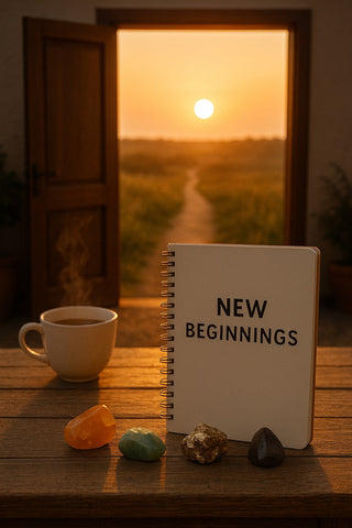 A warm golden sunrise glows through an open door, illuminating a wooden table with a steaming cup of tea, colorful crystals, and a notebook titled “New Beginnings.” A grassy path leads into the distance, symbolizing opportunity and fresh starts.