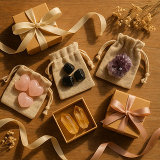 “Assorted crystal gifts in small boxes and linen pouches arranged on a wooden table with ribbons and dried flowers.”