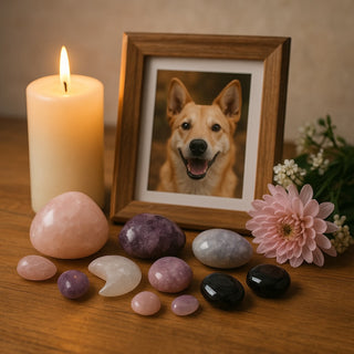 Candle-lit memorial altar with healing crystals and a pet photo symbolizing comfort and love after loss.