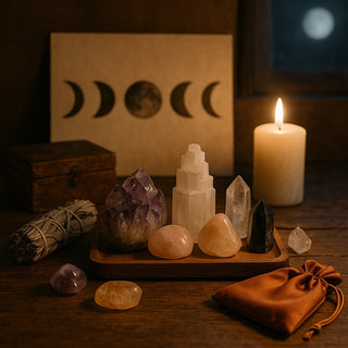 Crystal altar with storage boxes, sage, and moonlight in background