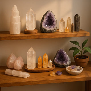 Crystal collection displayed on wooden shelves with selenite, quartz, and amethyst arranged for aesthetic and energetic harmony