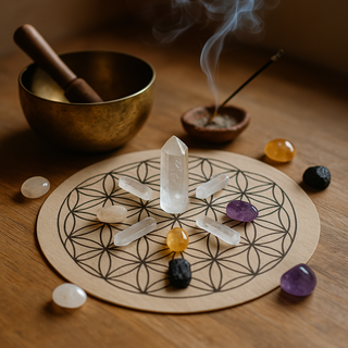 Crystal grid on Flower of Life pattern with singing bowl and incense smoke