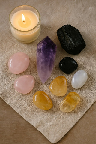 Crystal pairs on altar cloth including rose quartz, amethyst, and black tourmaline