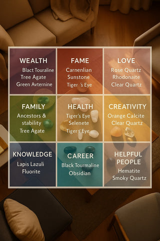 Crystals like Citrine, Rose Quartz, and Black Tourmaline placed throughout a home according to a Feng Shui Bagua map