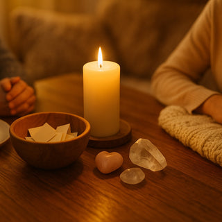 Family ritual setup with candle, gratitude bowl, and crystals on a cozy table
