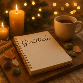 Gratitude ritual setup with journal, crystals, candlelight, and warm holiday ambiance