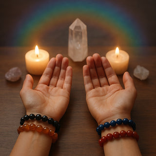 Guide showing left and right hands with crystal bracelets symbolizing energy flow and spiritual intention.