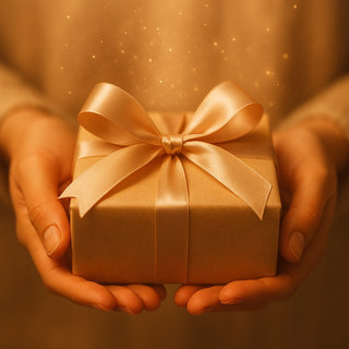 Hands offering a wrapped gift with warm golden light symbolizing spiritual intention.
