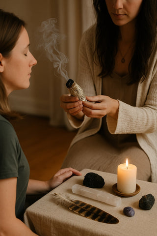 Hands smudging a person with sage, surrounded by crystals and soft candlelight.