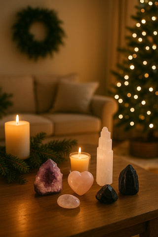 Holiday crystal grid with amethyst, rose quartz, selenite, and black tourmaline arranged in a cozy home setting.