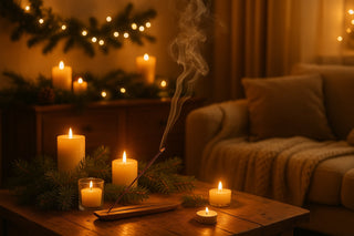 Holiday home with incense, candles, and warm golden lighting creating a cozy, welcoming seasonal atmosphere.