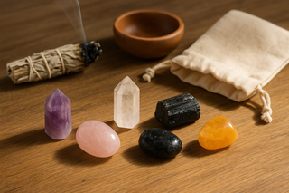 Beginner crystal collection on a wooden altar with soft lighting