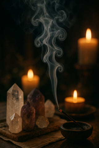 Incense smoke curling upward in soft spirals during a spiritual ritual.
