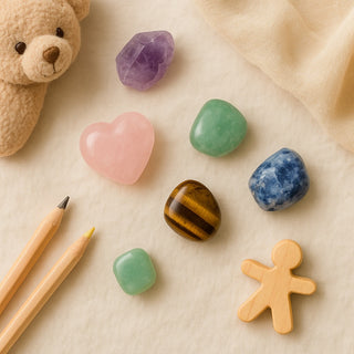 Kid-friendly crystals like amethyst, rose quartz, aventurine, and sodalite arranged on a soft background with gentle, child-safe colors