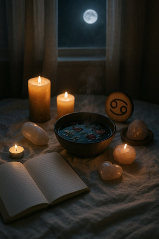 Lunar ritual altar with candles, crystals, and Cancer zodiac symbols on white cloth