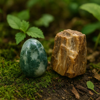 Moss agate and petrified wood crystals arranged outdoors among leaves and earth