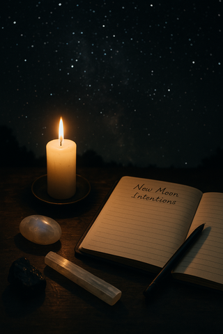 New moon altar setup with candle, crystals, and journal