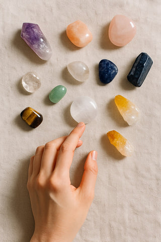 Person choosing a crystal intuitively from a table of stones