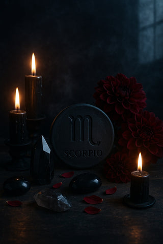 Scorpio zodiac altar with obsidian, candles, and dark red florals.