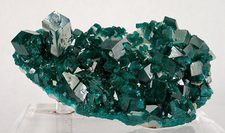 Dioptase crystal cluster from Congo showcasing vivid green translucent crystals.