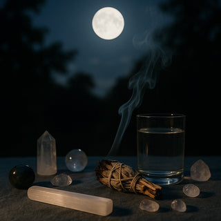 Selenite wand and sage bundle on a cloth under full moonlight
