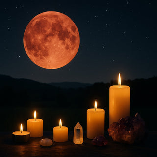 Strawberry Full Moon in Sagittarius glowing above candles and crystals.