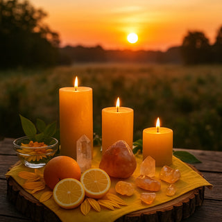 Sunlit outdoor solstice altar with crystals, yellow candles, and citrus on a summer morning.
