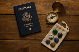Travel stones and crystals laid out beside a passport and compass