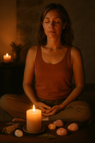 Woman in sacred space with crystals and candles, representing spiritual empowerment during perimenopause.