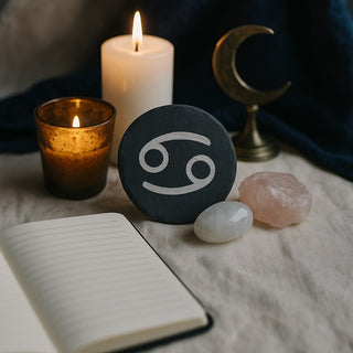 Zodiac altar with Cancer symbol, Moonstone, and glowing candlelight
