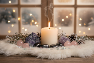 Hematite, lepidolite, and rose quartz crystals on a warm winter altar with candles