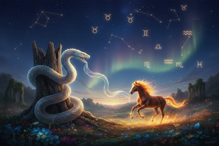 Symbolic image of a snake coiled beside a galloping horse, representing zodiac transition