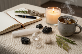 Selenite and clear quartz crystals beside a candle, journal, and herbal tea on soft fabric for a New Year ritual