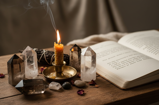Smoky quartz and clear quartz crystals next to a journal and lit candle for a release ritual