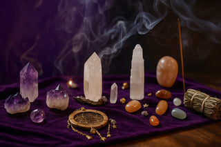 Mystical crystal arrangement featuring amethyst, selenite, and fluorite on velvet cloth with ambient smoke and candlelight glow — ideal for spiritual and metaphysical settings.