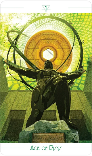 Statue of Atlas with a circular design in the background, labeled 'Ace of Discs'.