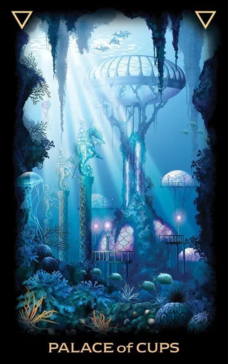 Underwater scene with a futuristic structure labeled 'Palace of Cups'.