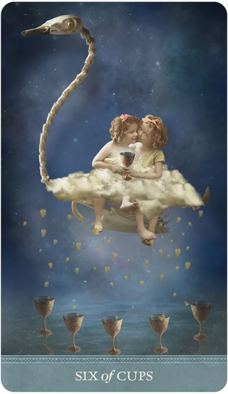 Card from a tarot deck with two children on a cloud, a snake, and five cups below.