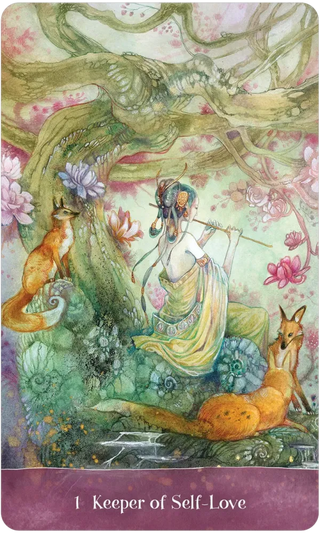 Fantasy card featuring a woman, foxes, and floral elements with 'Keeper of Self-Love' text.