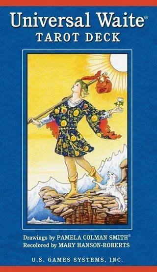 Cover of the Universal Waite Tarot Deck featuring The Fool card with classic Rider-Waite imagery, recolored in soft tones.