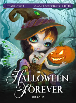 Cover of 'The Halloween Forever Oracle' featuring an illustrated character holding a pumpkin with a background of a forest and full moon.