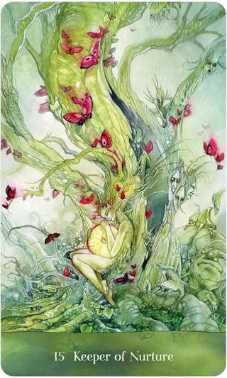 Card featuring a fairy among green foliage and butterflies with 'Keeper of Nurture' text.
