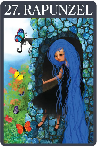 Card featuring a character with blue hair and colorful butterflies against a stone wall background