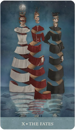 Card titled 'X The Fates' featuring three women in different outfits against a blue background.