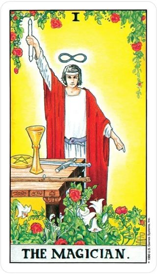 Tarot card titled 'The Magician' with a central figure in a red robe, surrounded by nature elements.